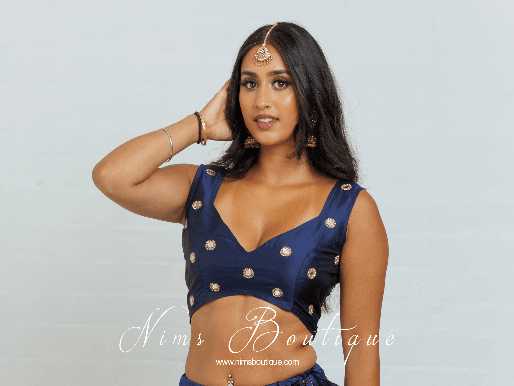 Nims Boutique Rani Luxury Navy Silk Mirror Blouse size 4-16