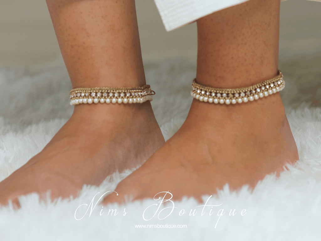 Nims Boutique Pair of Royal Antique Gold & Pearl Anklets