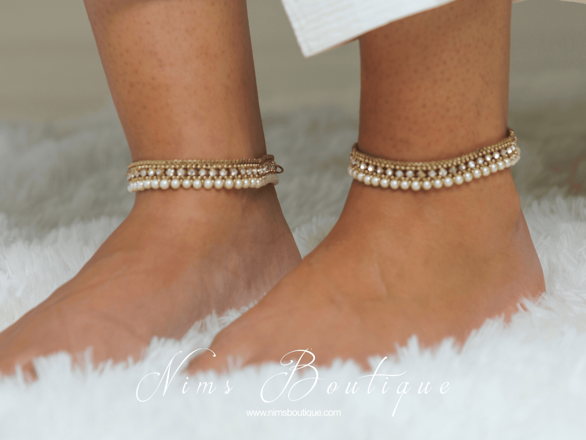Nims Boutique Pair of Royal Antique Gold & Pearl Anklets