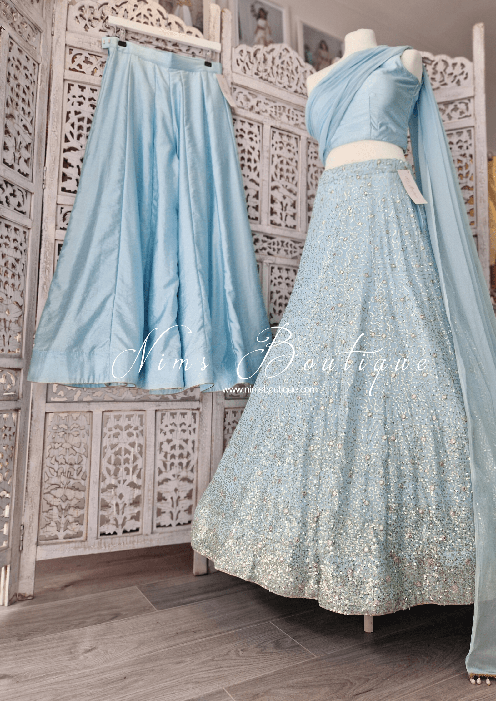 Nims Boutique Arya Powder Blue & Gold Sequin Luxury Skirt sizes 4-14