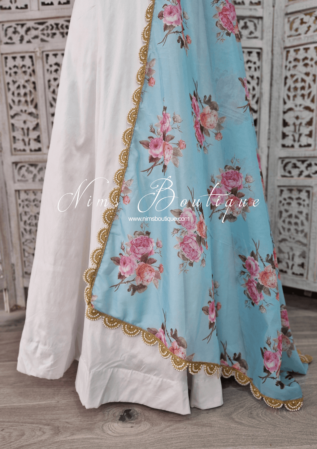 Nims Boutique Luxury Blue Organza Floral Dupatta/Chunni with Pearl Edging
