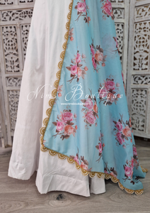 Luxury Blue Organza Floral Dupatta/Chunni with Pearl Edging