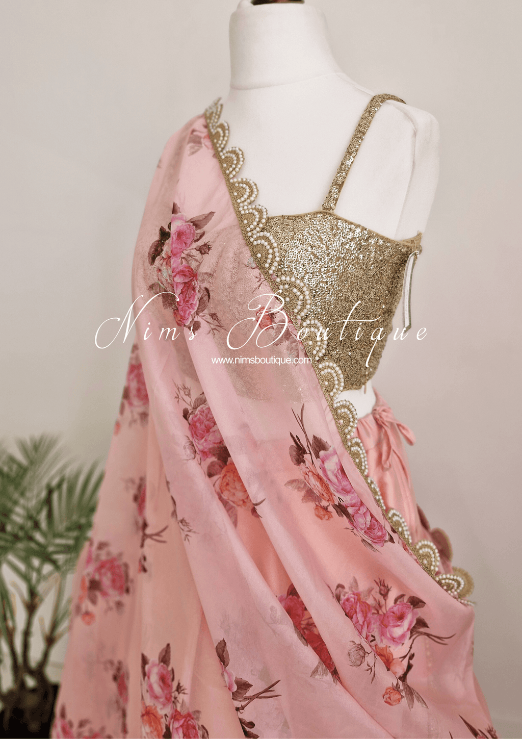 Nims Boutique Luxury Peach Organza Floral Dupatta/Chunni with Pearl Edging