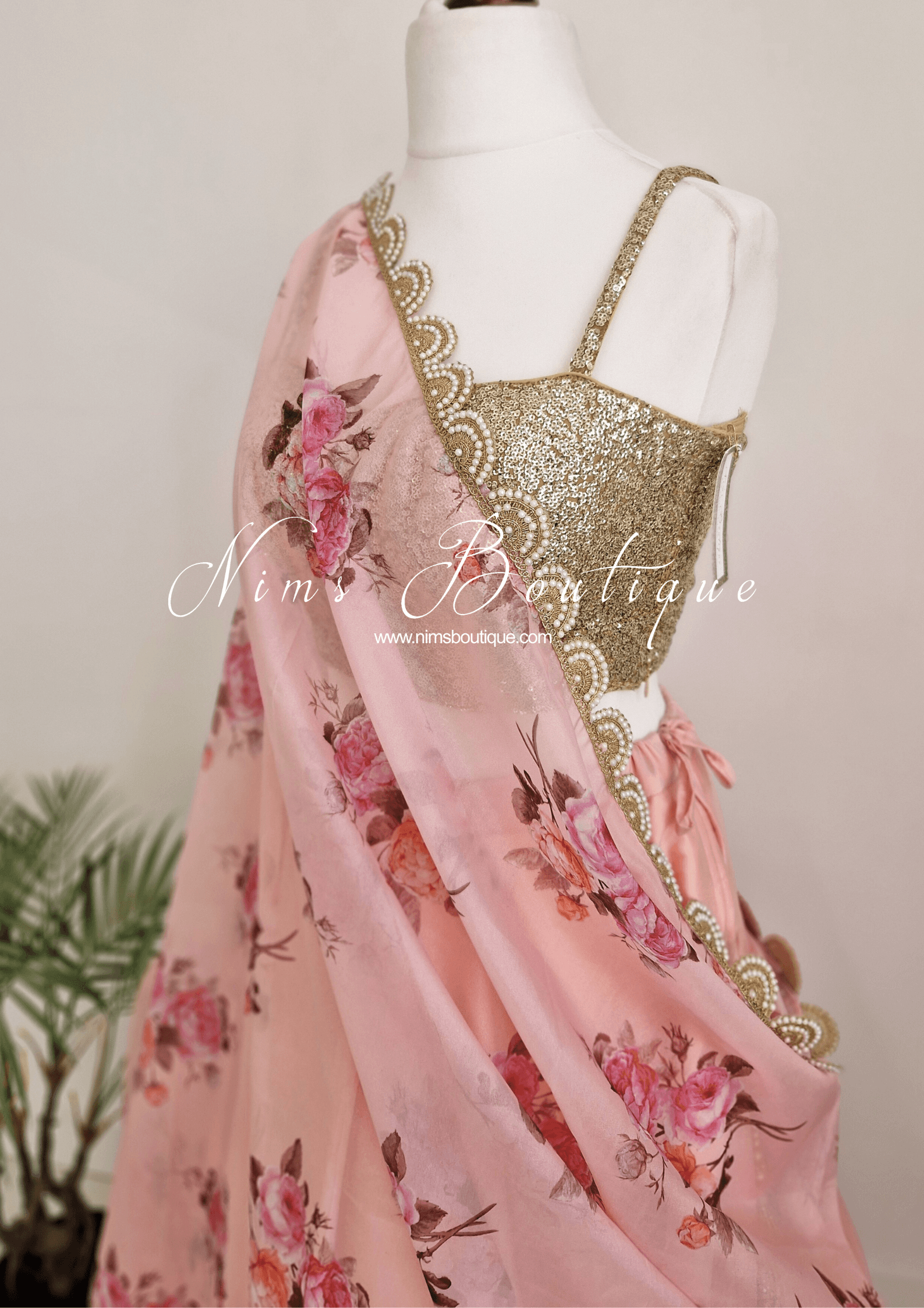 Nims Boutique Luxury Peach Organza Floral Dupatta/Chunni with Pearl Edging