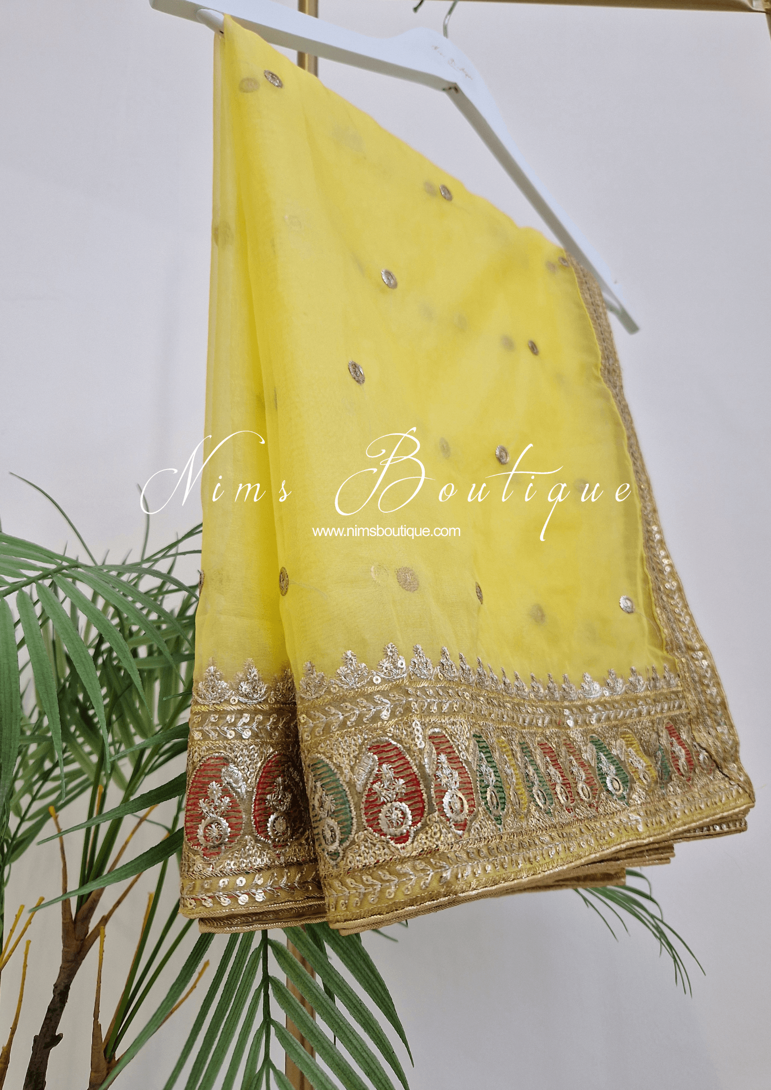 Nims Boutique Sunidhi Yellow Multicolour Organza Dupatta/Chunni