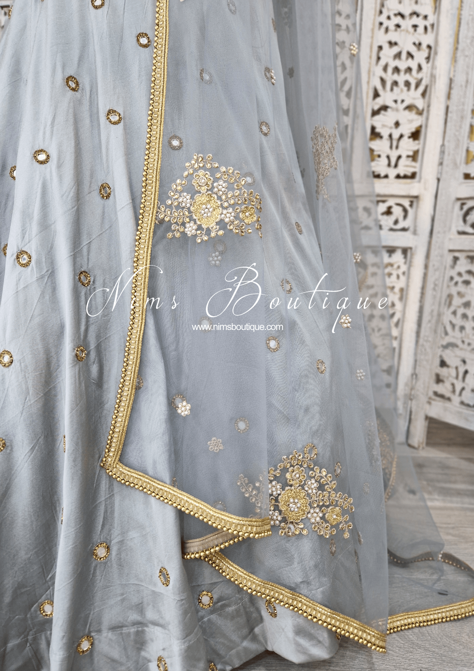 Nims Boutique Grey Net Pearl Embellished Dupatta/Chunni with Gold Bead Edging GB1