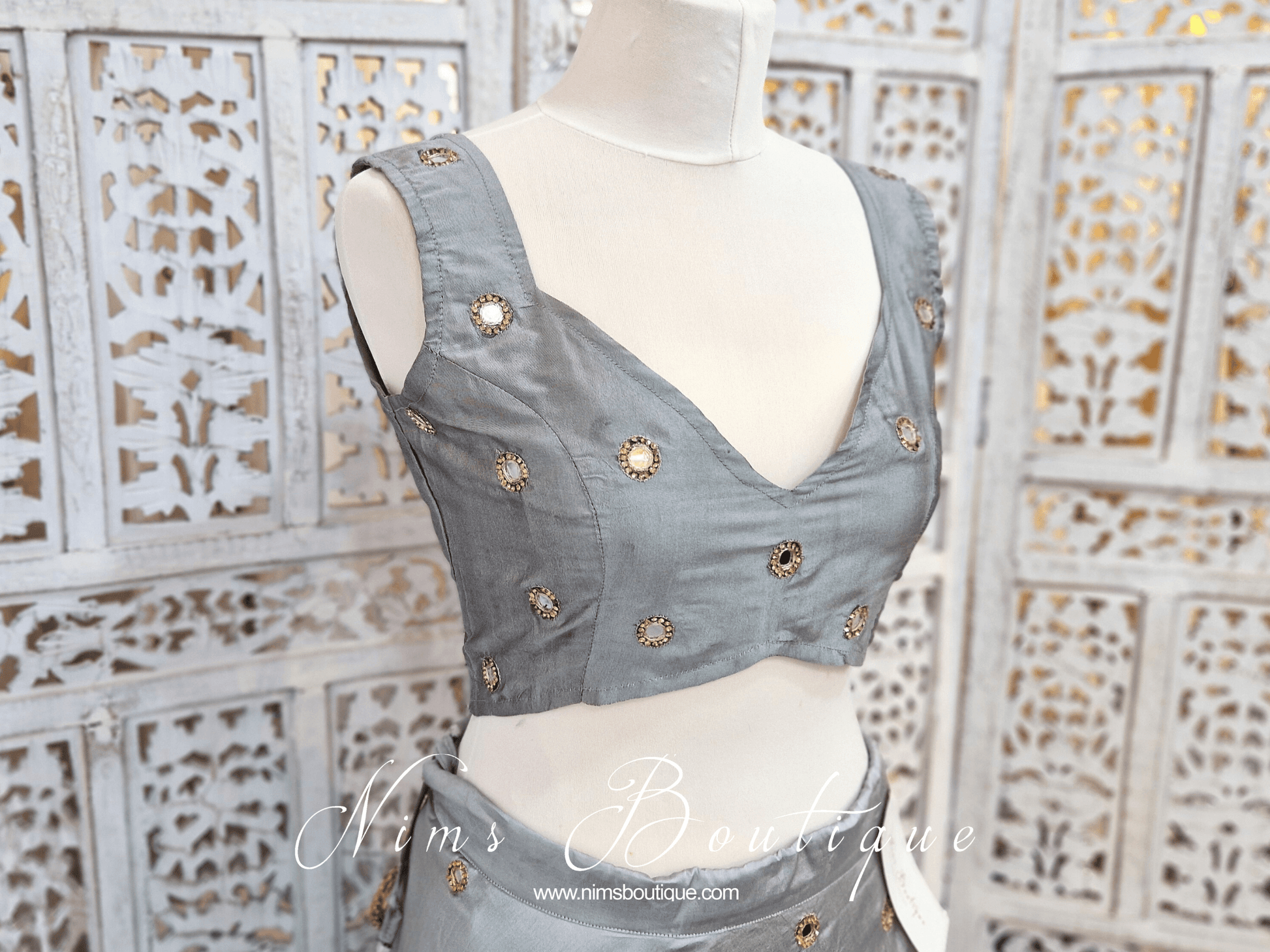 Nims Boutique Rani Luxury Grey Silk Mirror Blouse size 4-16