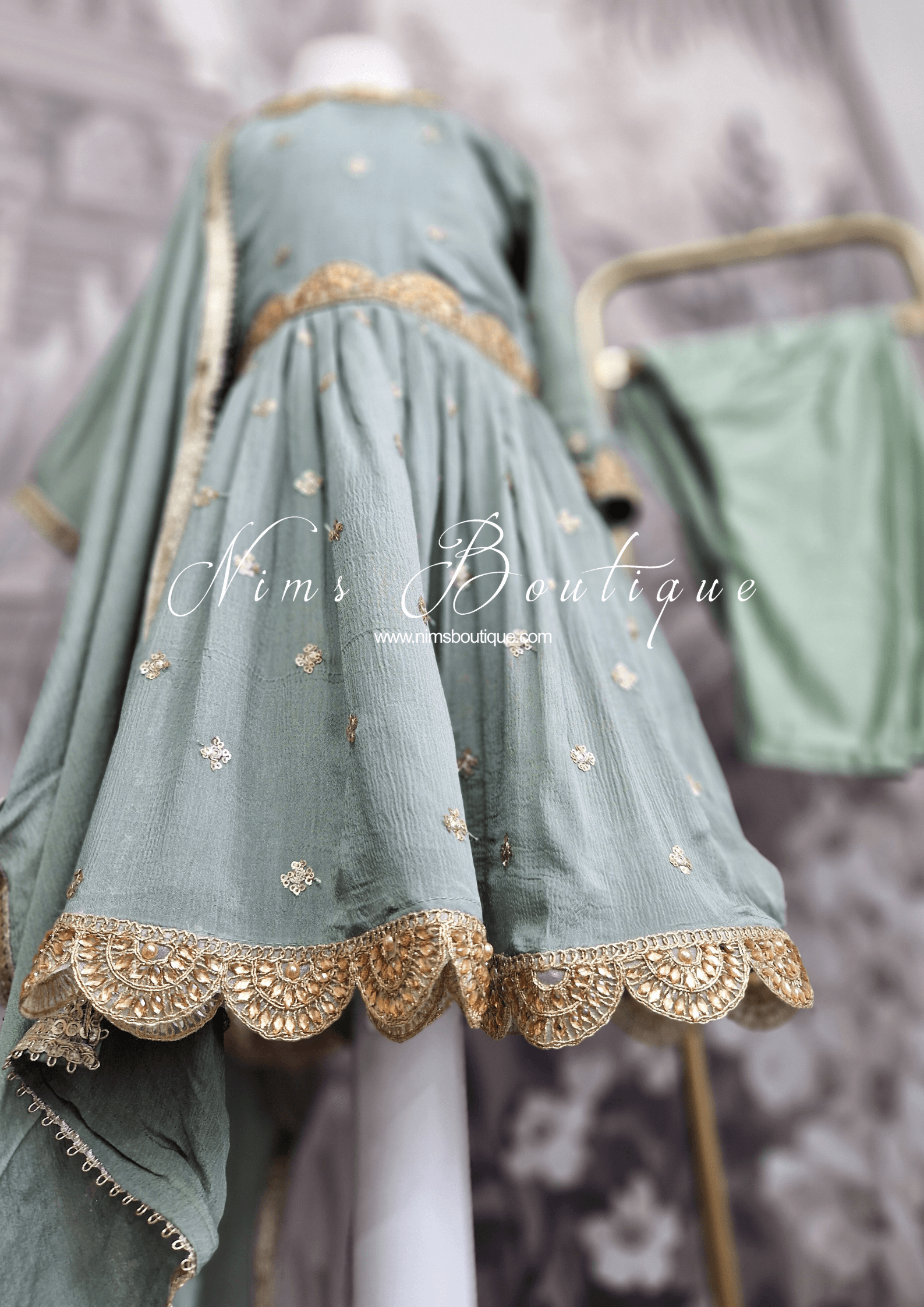 Nims Boutique Sage Green Sequin Frock Kids Pajami Suit