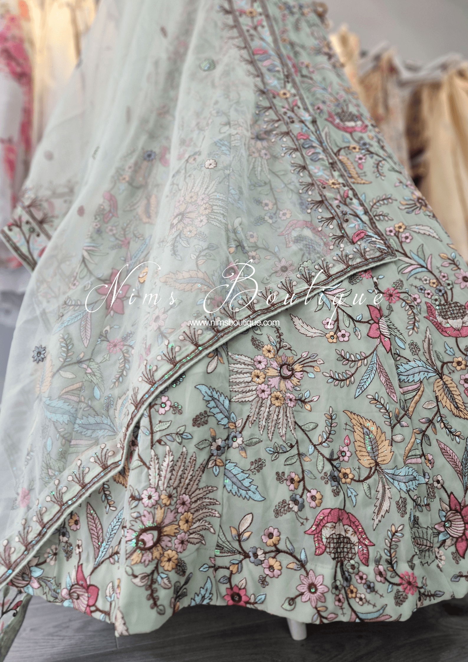 Nims Boutique Sarika Luxury Mint Organza Embroidered Dupatta/Chunni