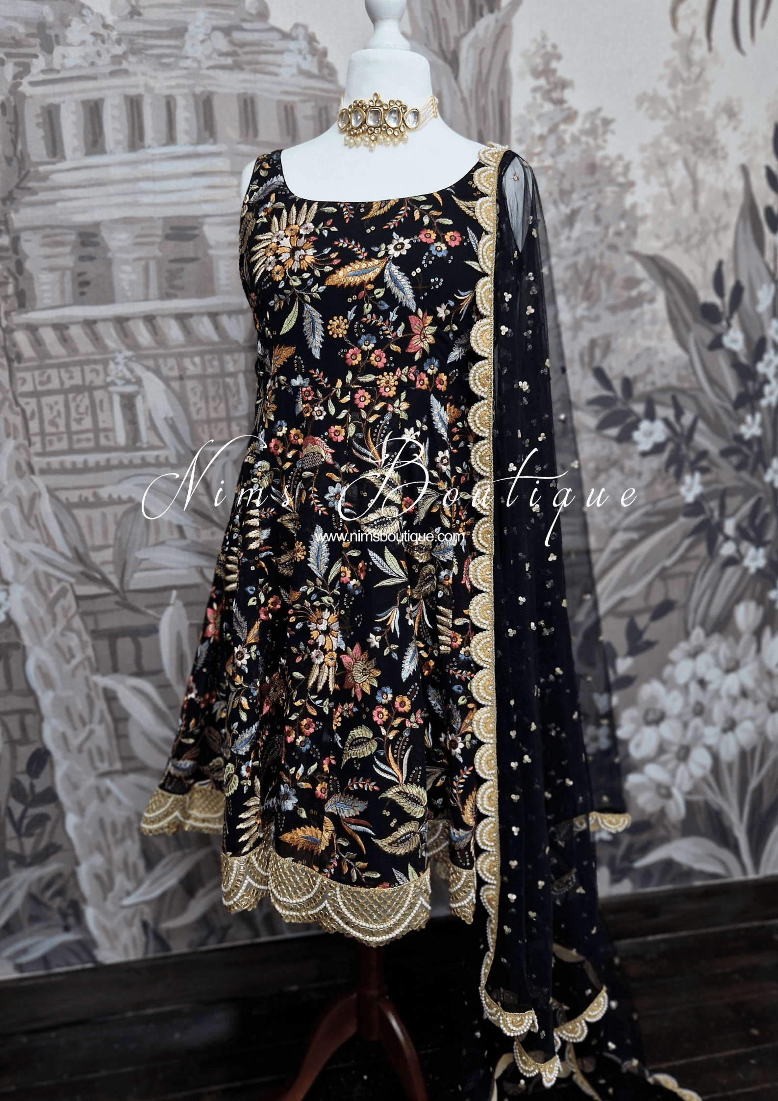 Nims Boutique Sarika Luxury Black & Multicolour Anarkali Suit with Pajami sizes 12-22