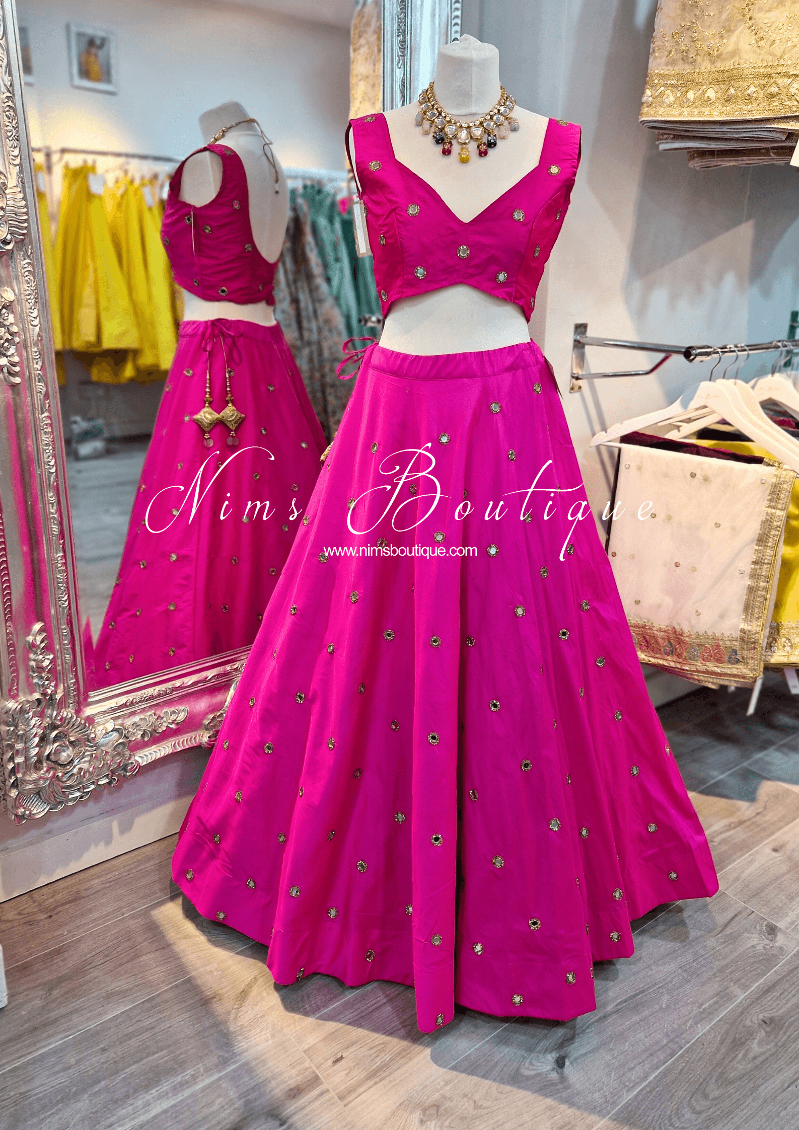 Nims Boutique Rani Luxury Hot Pink Mirror readymade skirt/lehnga sizes 4-22