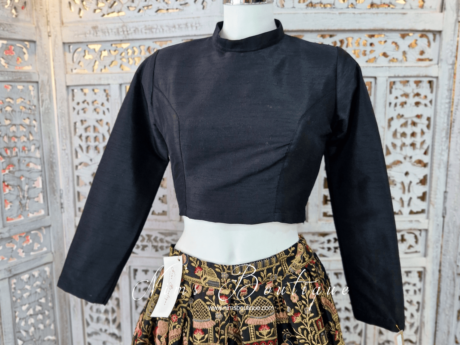 Nims Boutique Black Raw Silk High Collar Neck Blouse with sleeves 4-24