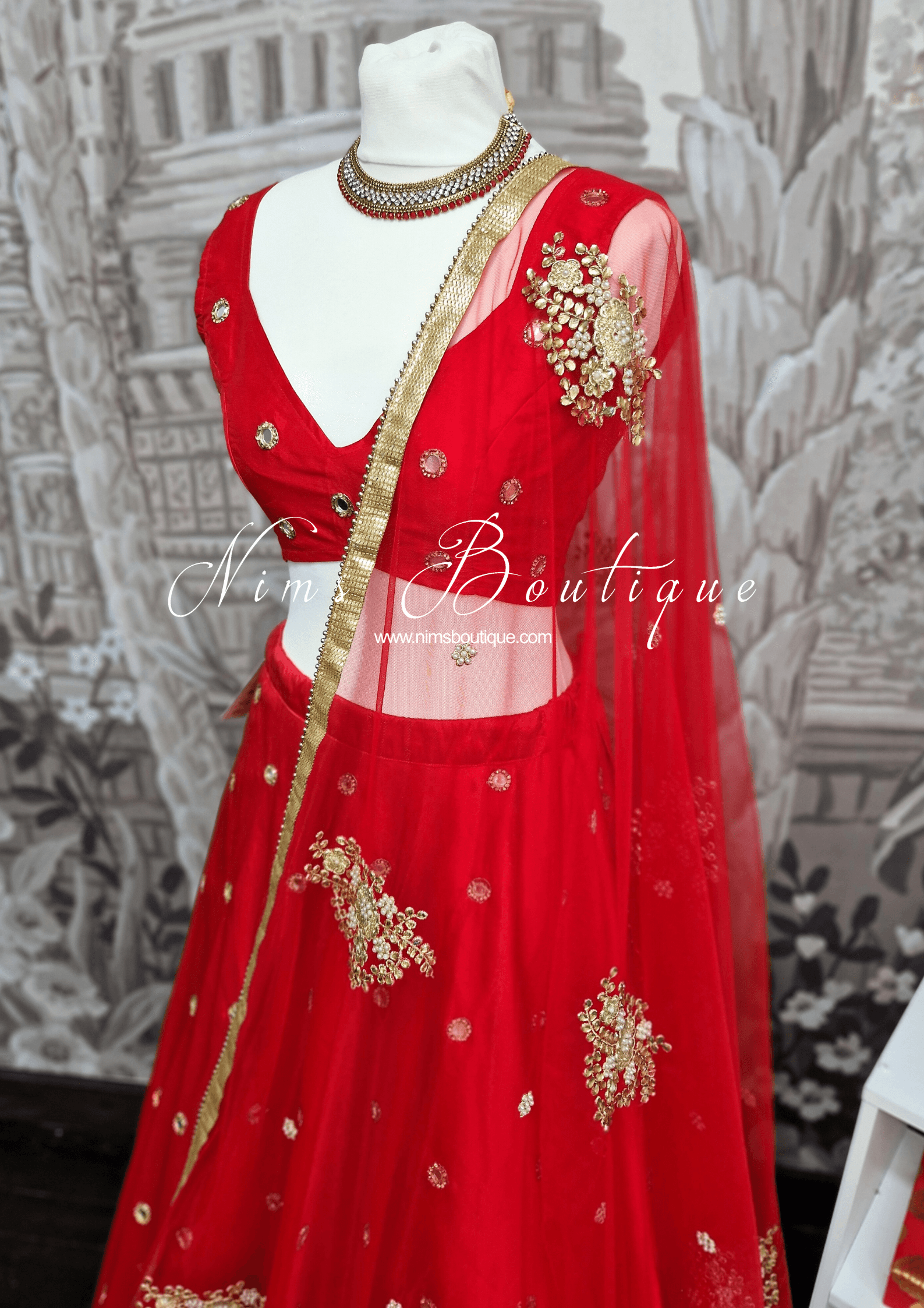 Nims Boutique Red Net Pearl Embellished Dupatta/Chunni NP1