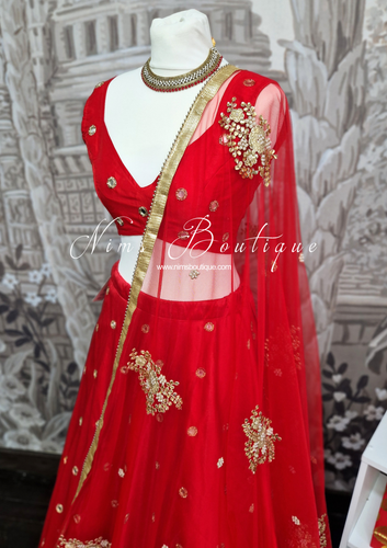 Red Net Pearl Embellished Dupatta/Chunni (NP1)