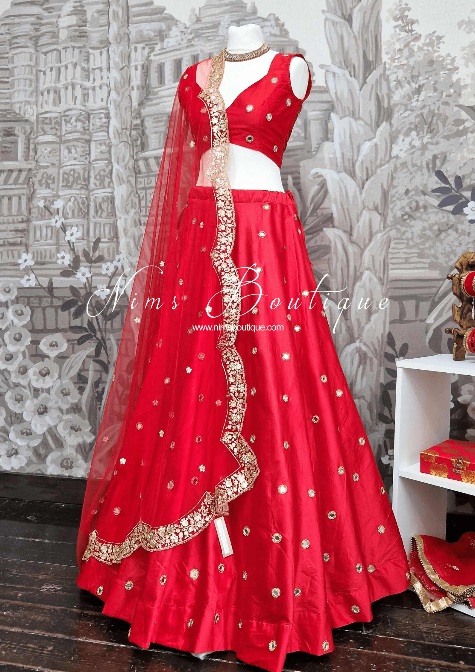 Nims Boutique Luxury Red Net Sequin Scallop Edge Dupatta/Chunni SE2