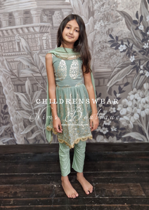 Sage Green Sleeveless Sequin Frock Kids Pajami Suit