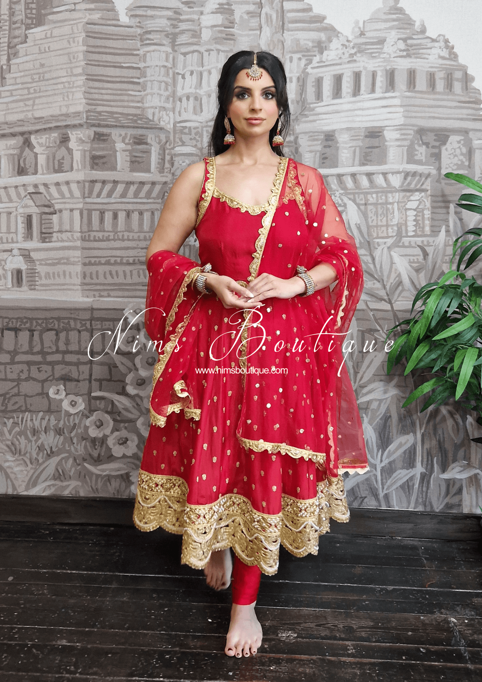 Nims Boutique The NB Luxury Red Silk Anarkali with Pajami size 4-12
