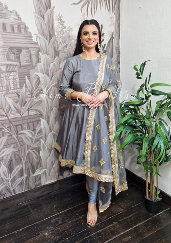 Limited Edition Rashmi Luxury Dark Grey Silk Anarkali Suit with Pajami (10-12)