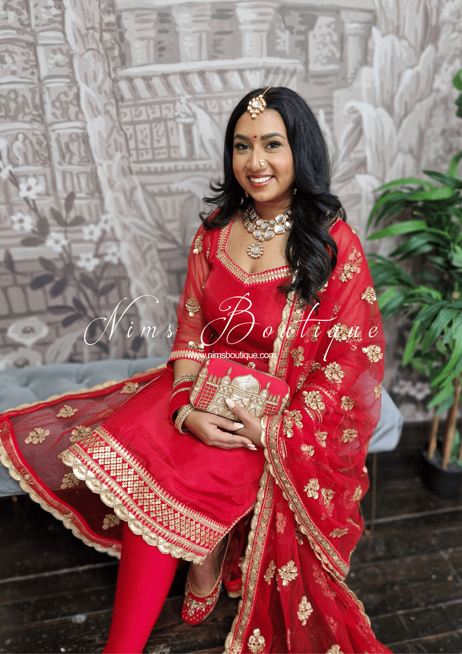 Nims Boutique Taj Red Raw Silk Clutch Bag