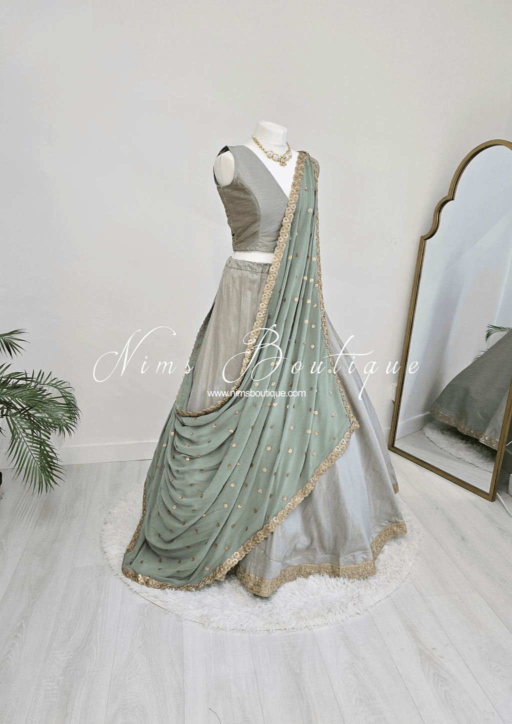 Nims Boutique Ria Luxury Sage Green Georgette Dupatta/Chunni