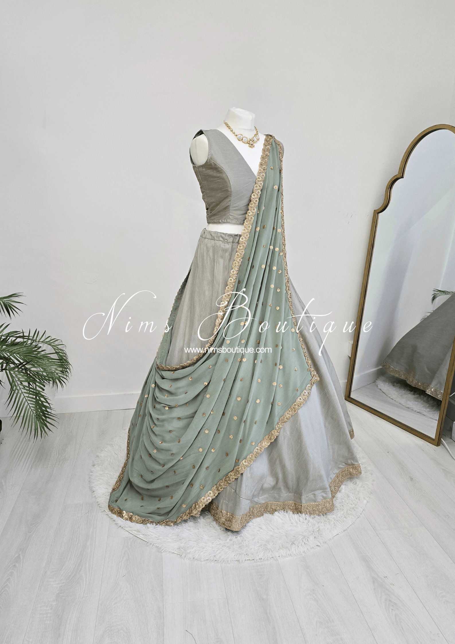 Nims Boutique Ria Luxury Sage Green Georgette Dupatta/Chunni