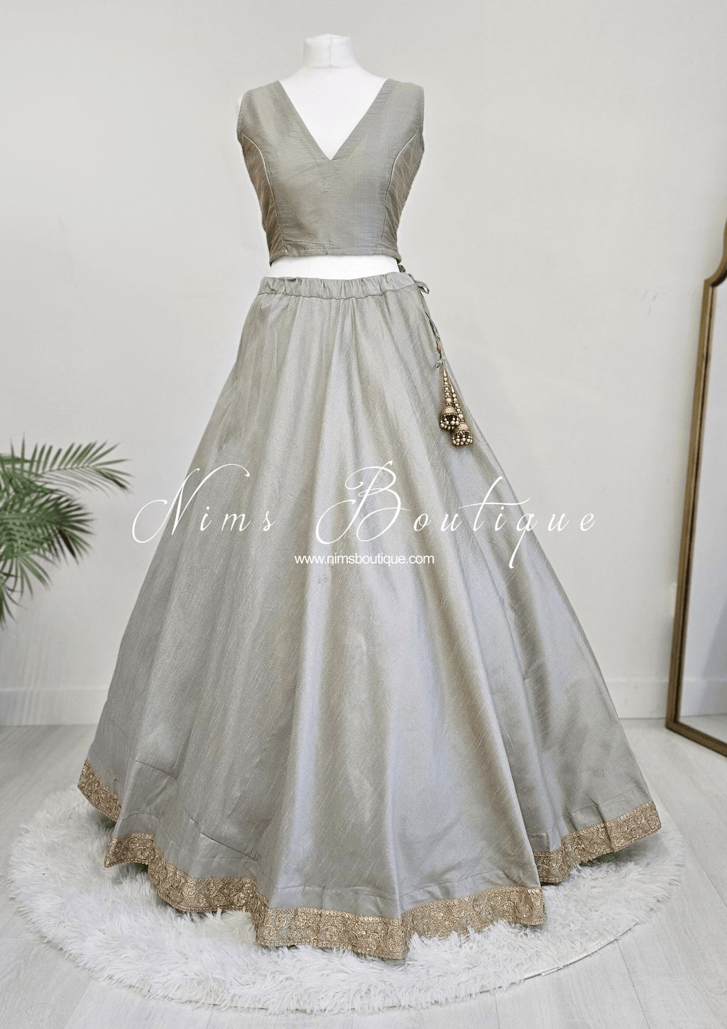 Nims Boutique Saloni Readymade Sage Grey Raw Silk skirt/lehnga sizes 4-24