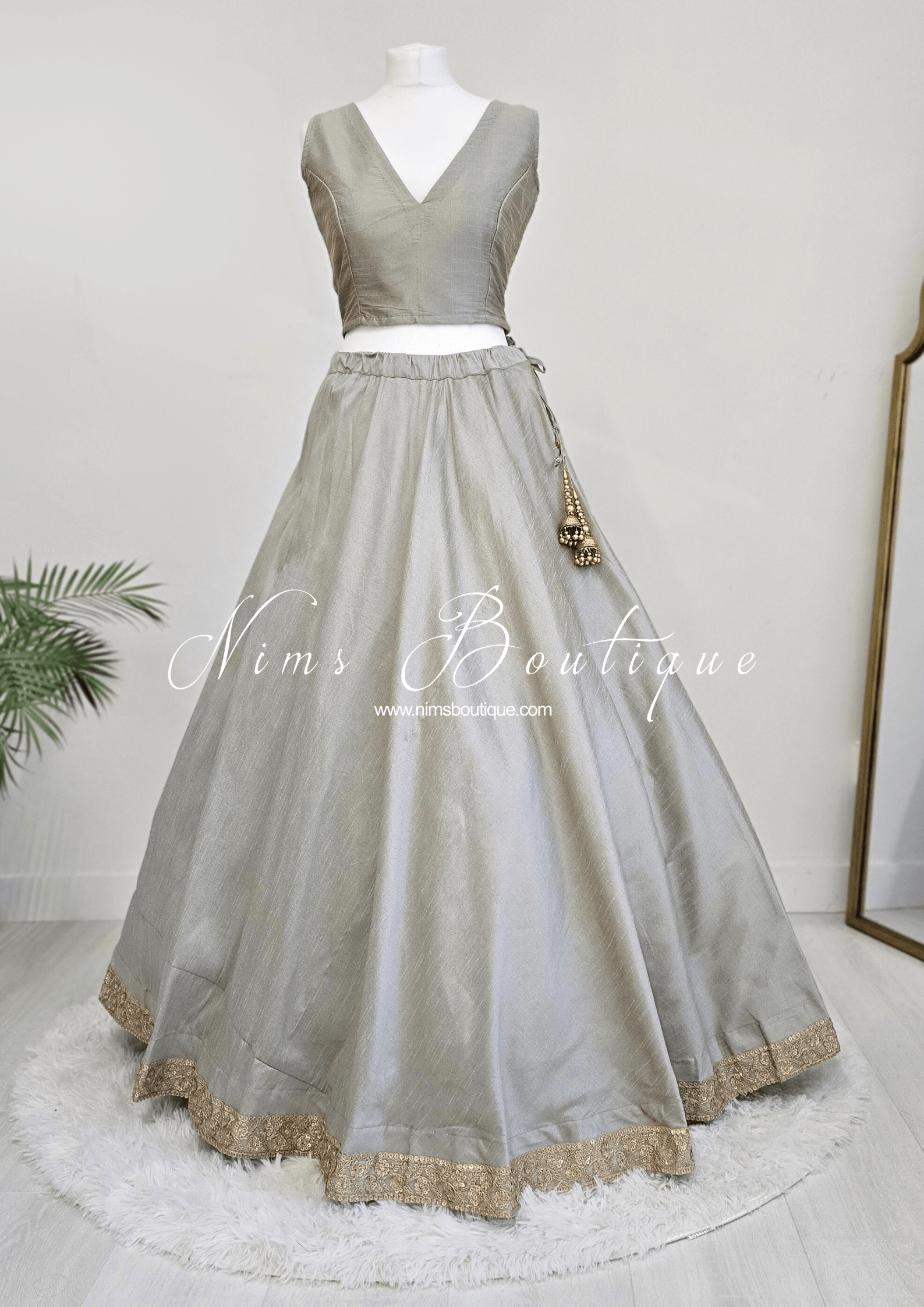 Nims Boutique Saloni Readymade Sage Grey Raw Silk skirt/lehnga sizes 4-24