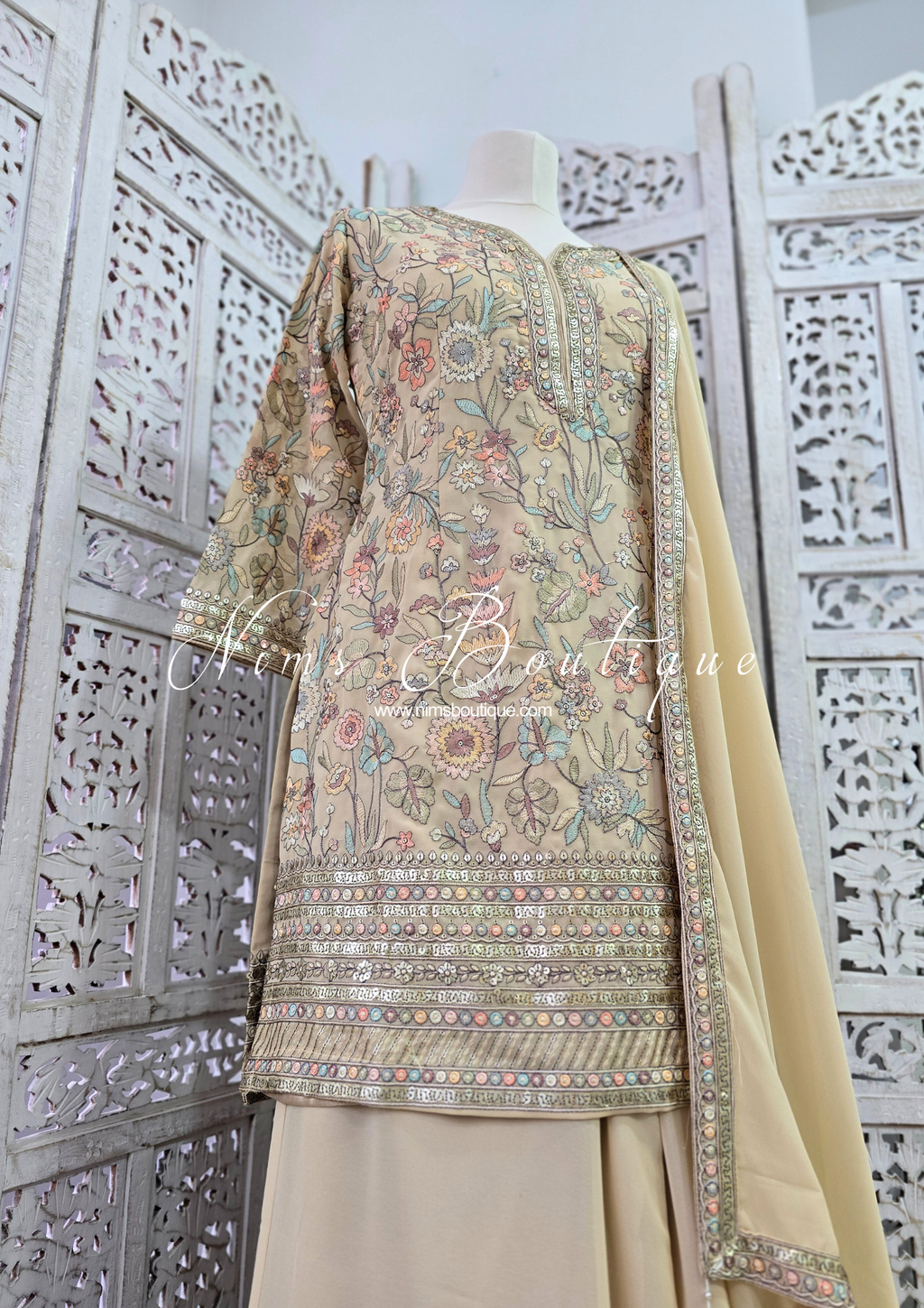 Luxury Beige Embroidered Sharara Suit (Size 12)