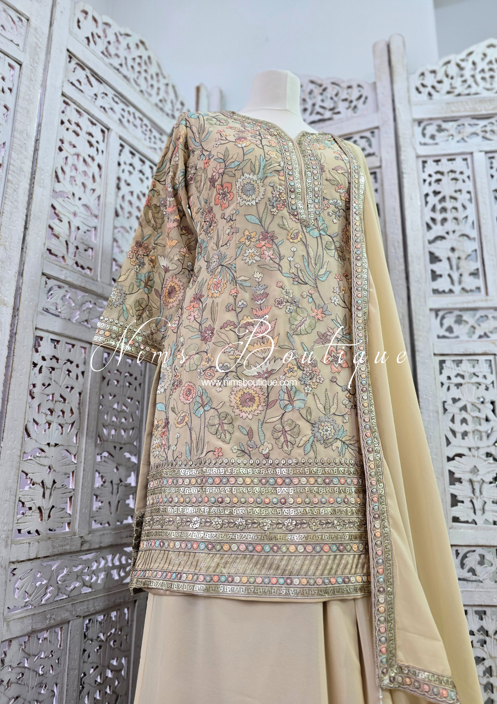 Luxury Beige Embroidered Sharara Suit (Size 12)