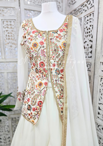 Ivory Multicolour Embroidered Jacket Sharara Suit (Size 10-12)