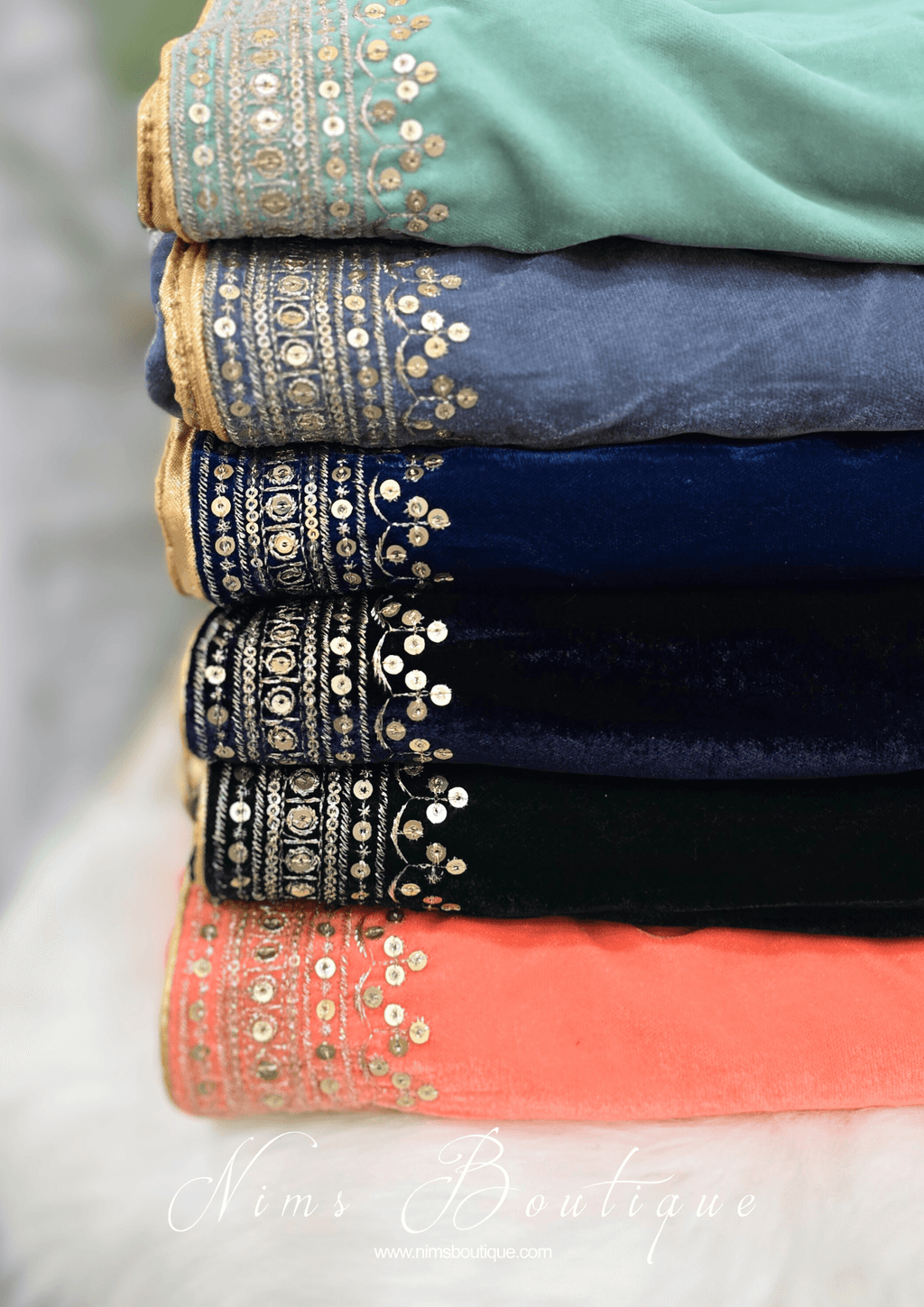 Nims Boutique Luxury Dark Green Velvet Embroidered Shawl