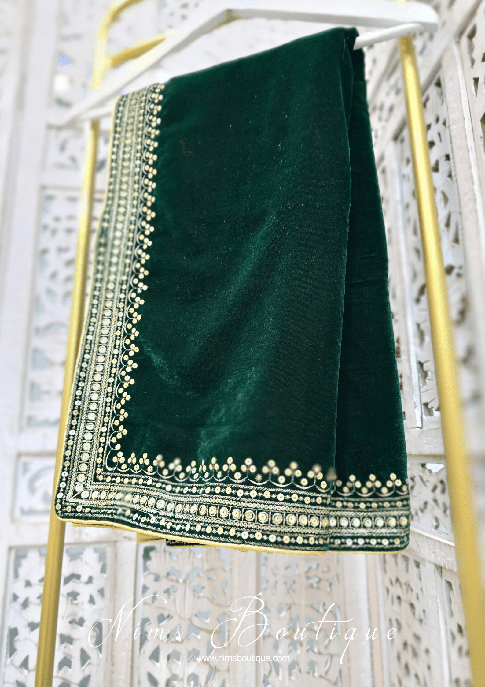 Nims Boutique Luxury Dark Green Velvet Embroidered Shawl