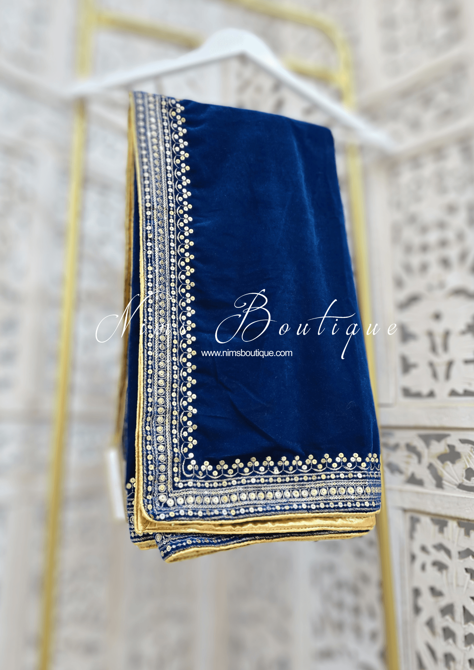 Nims Boutique Luxury Teal Blue Velvet Embroidered Shawl