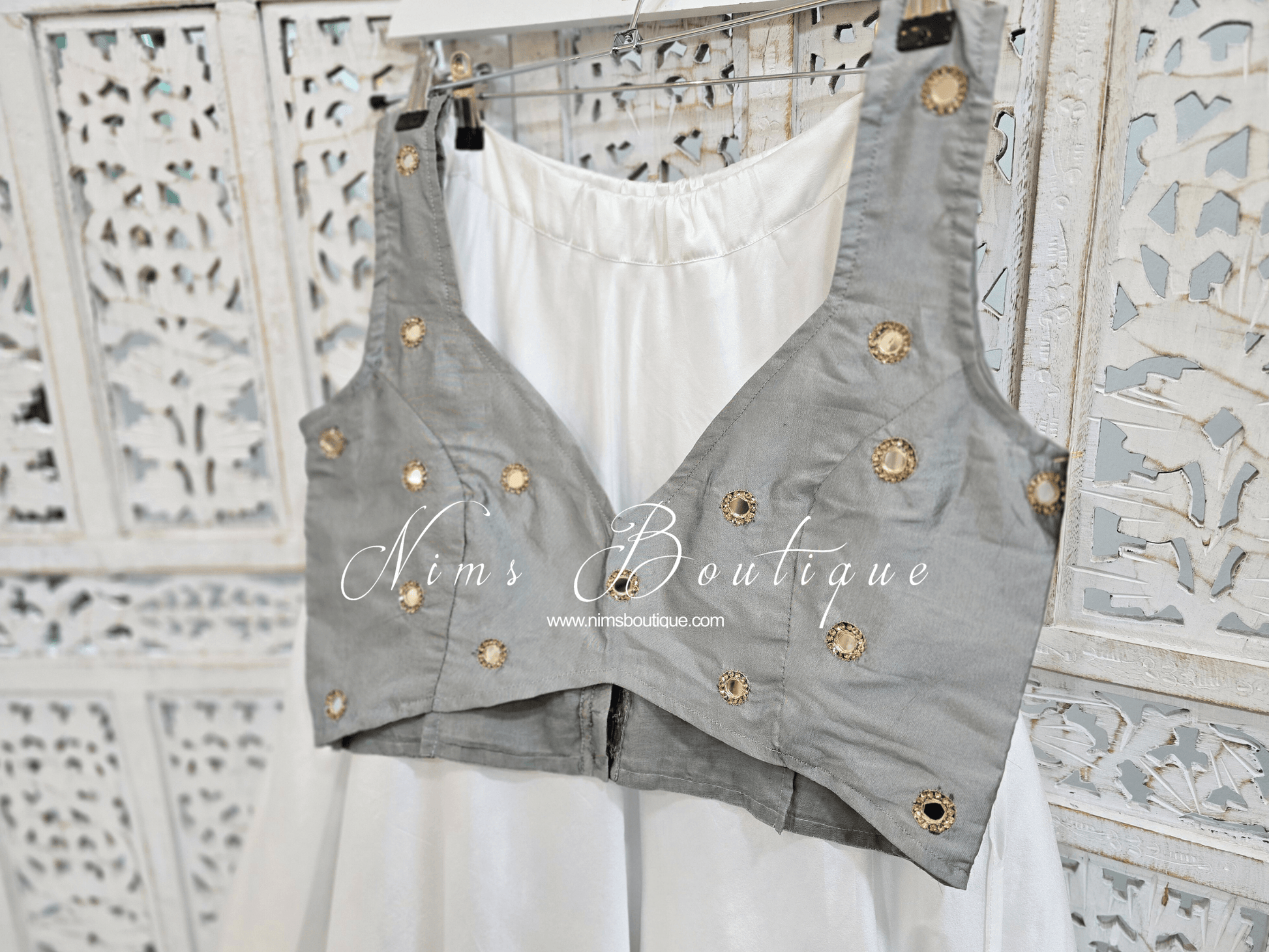 Nims Boutique Rani Luxury Grey Silk Mirror Blouse size 4-16