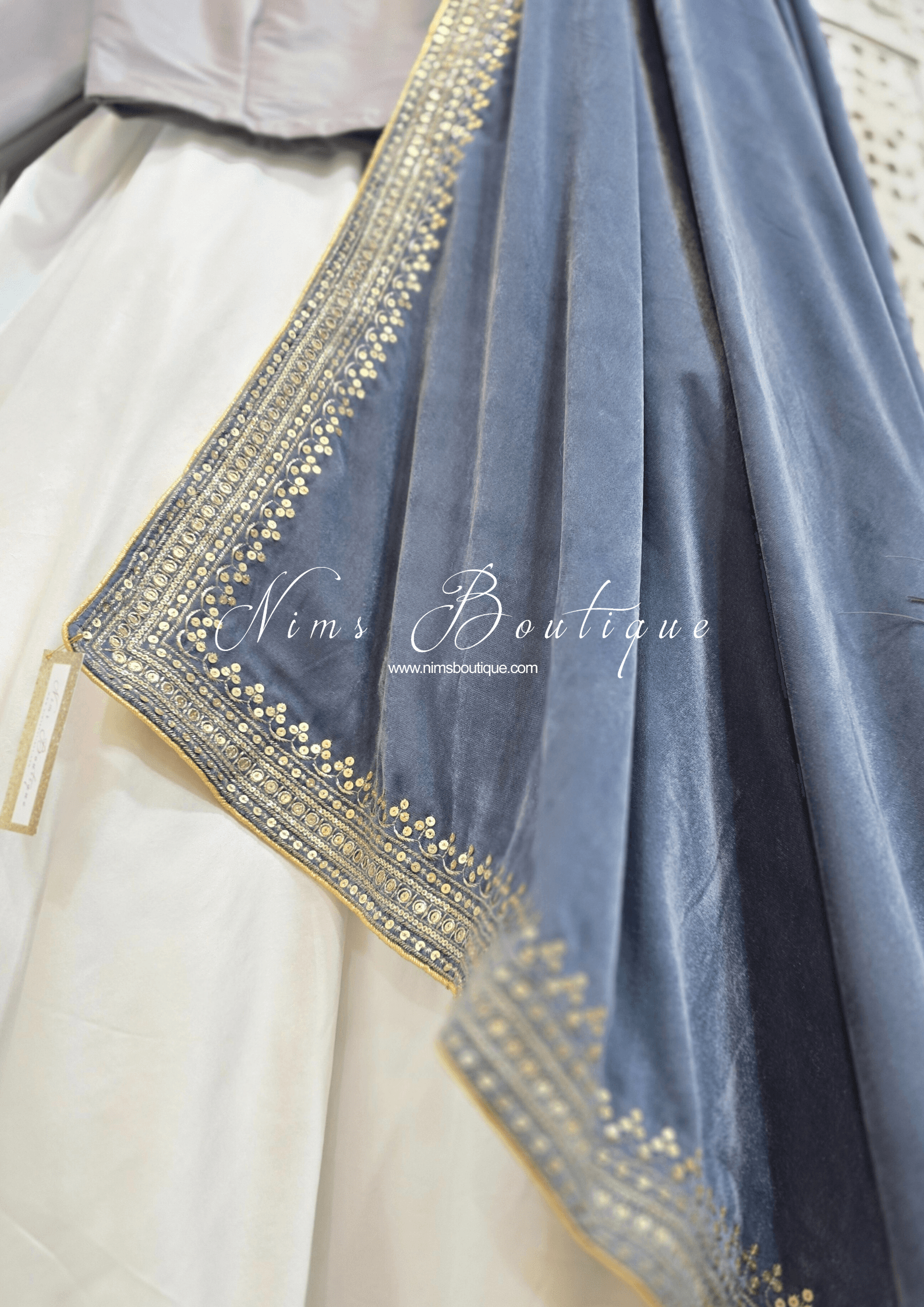 Nims Boutique Luxury Grey Velvet Embroidered Shawl