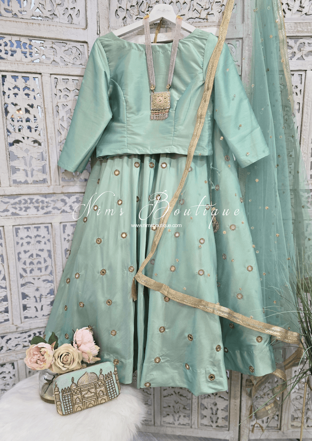 Nims Boutique Mint Silk High Neck Blouse with sleeves 4-20