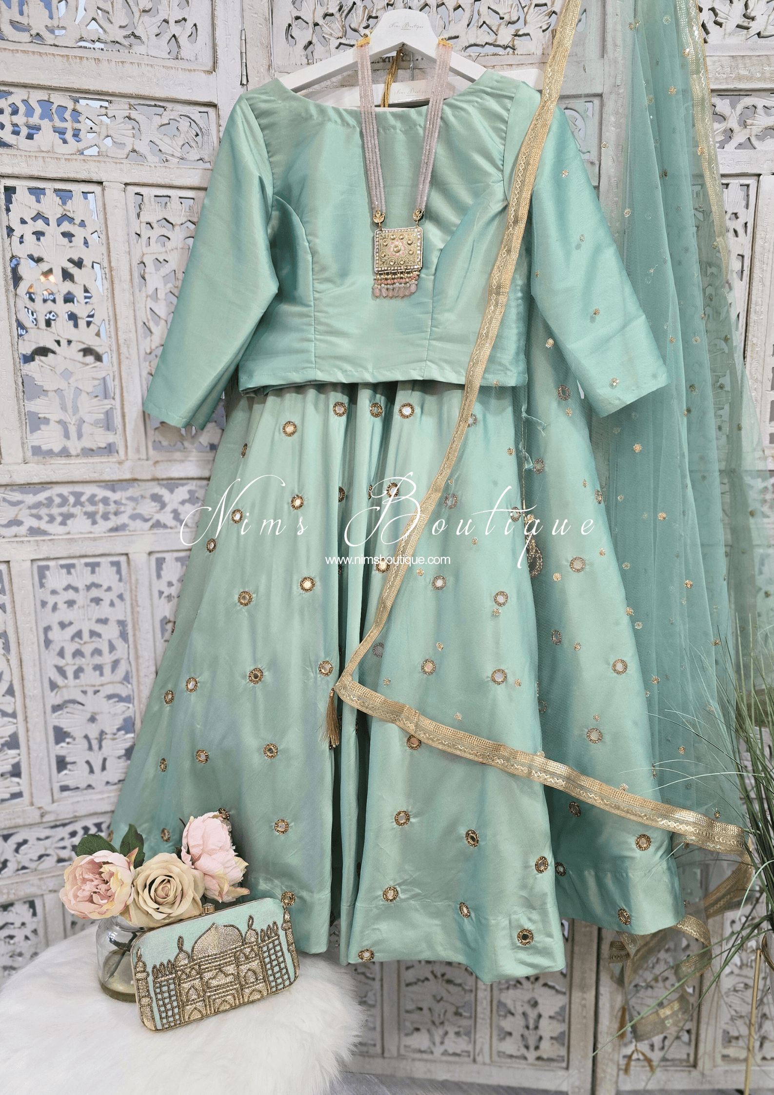 Nims Boutique Dusky Mint Net Sequin Dupatta/Chunni