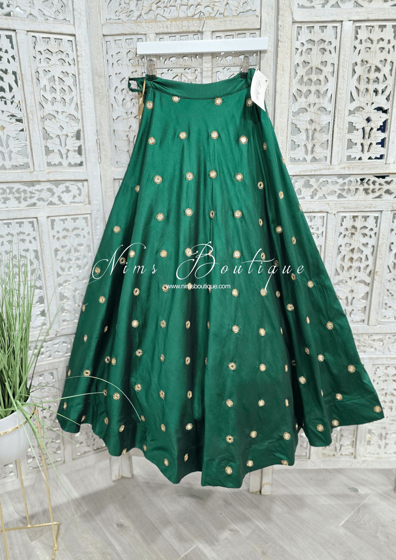 Nims Boutique Rani Luxury Silk Dark Green Mirror readymade skirt/lehnga size 4-18