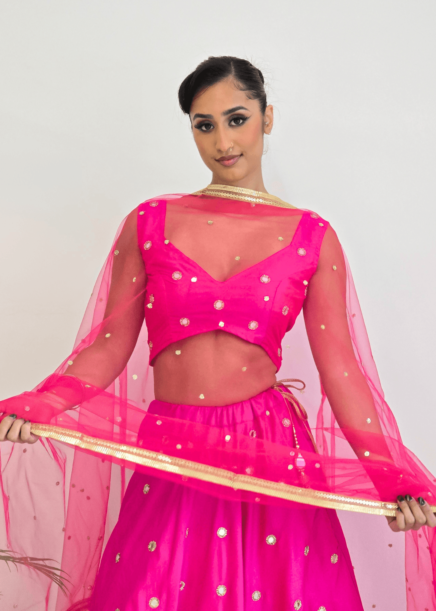 Nims Boutique Bright Pink Net Sequin Dupatta/Chunni