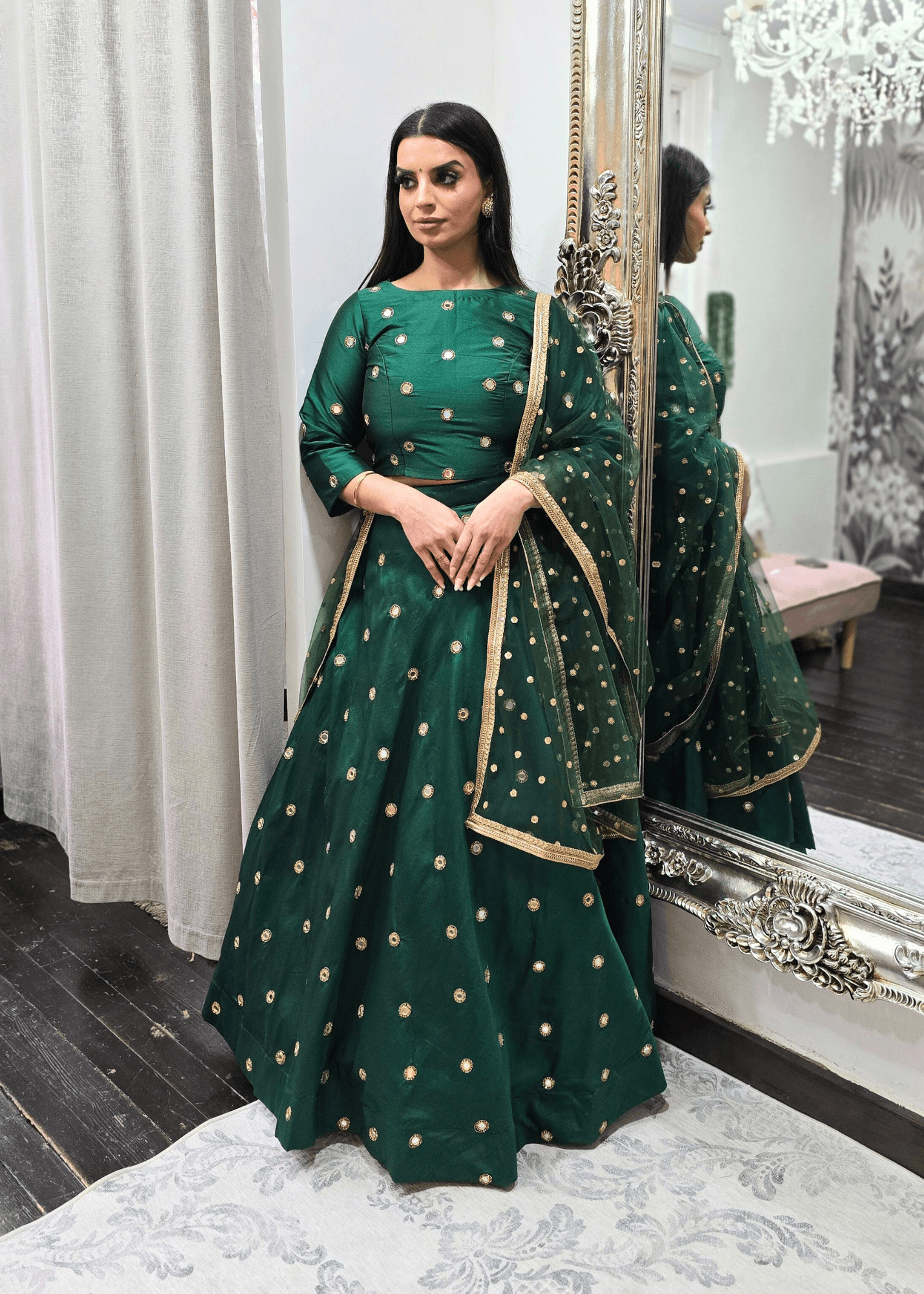 Nims Boutique Rani Luxury Silk Dark Green Mirror readymade skirt/lehnga size 4-18