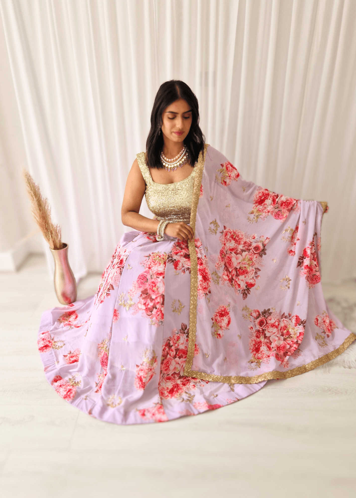 La Floraison Lilac Floral Georgette Dupatta/Chunni