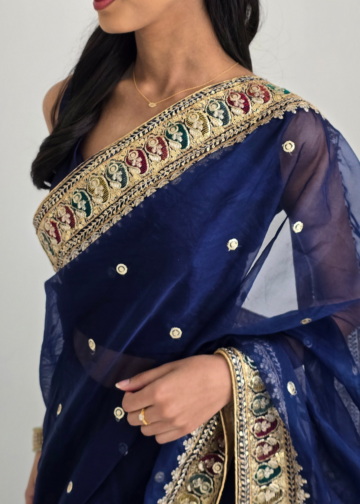 Sunidhi Navy Blue Multicolour Organza Dupatta/Chunni