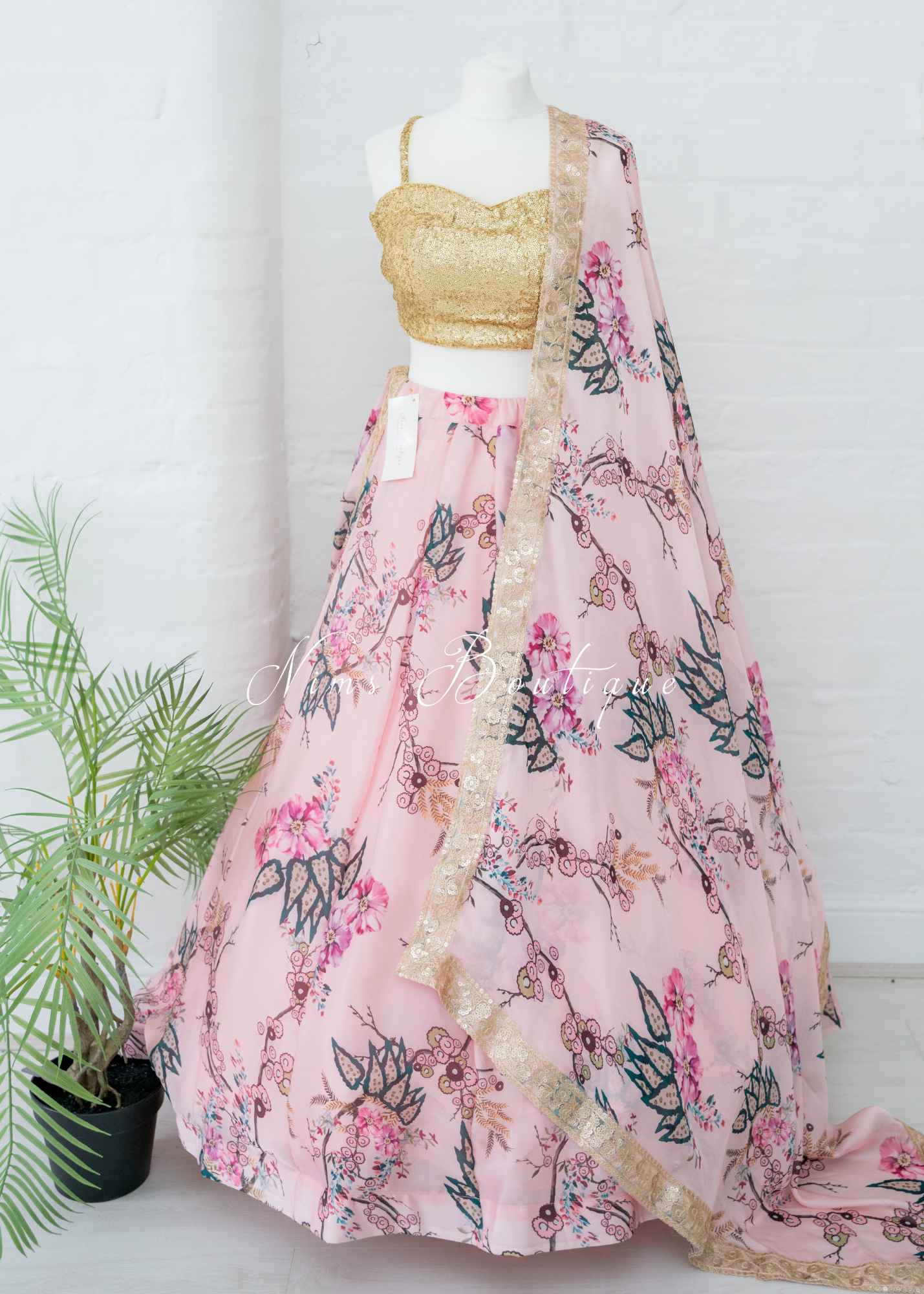 Sakura Pink Satin Print Dupatta/Chunni sequin edging