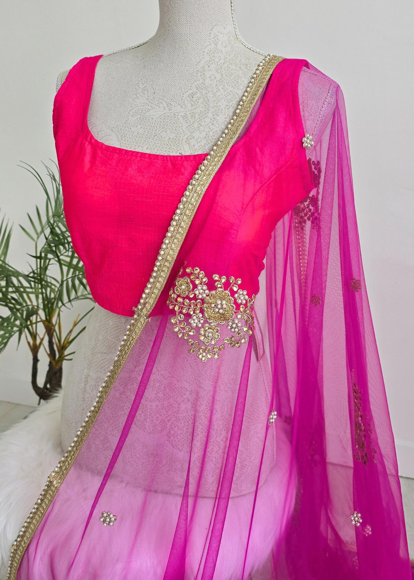 Hot Pink Net Pearl Embellished Dupatta/Chunni