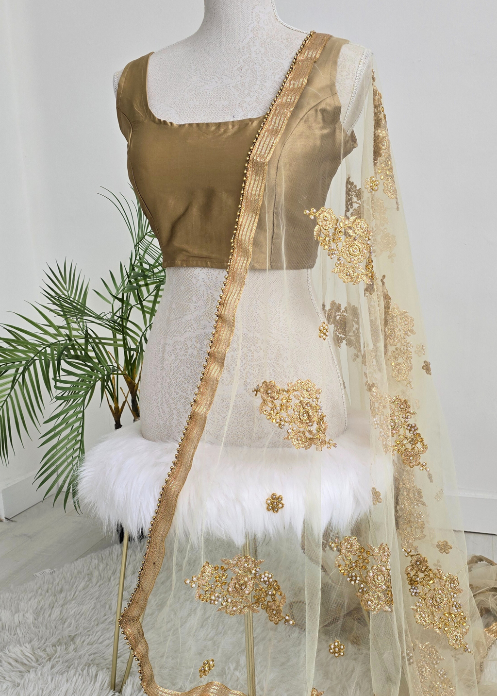 Gold Net Pearl Embellished Dupatta/Chunni
