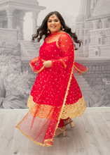 The NB Luxury Red Silk Anarkali Pajami Suit with sleeves (size 12-24)