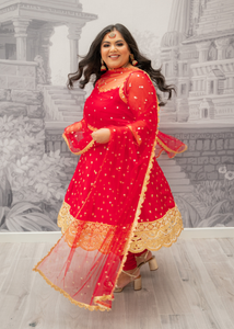 The NB Luxury Red Silk Anarkali Pajami Suit with sleeves (size 12-24)