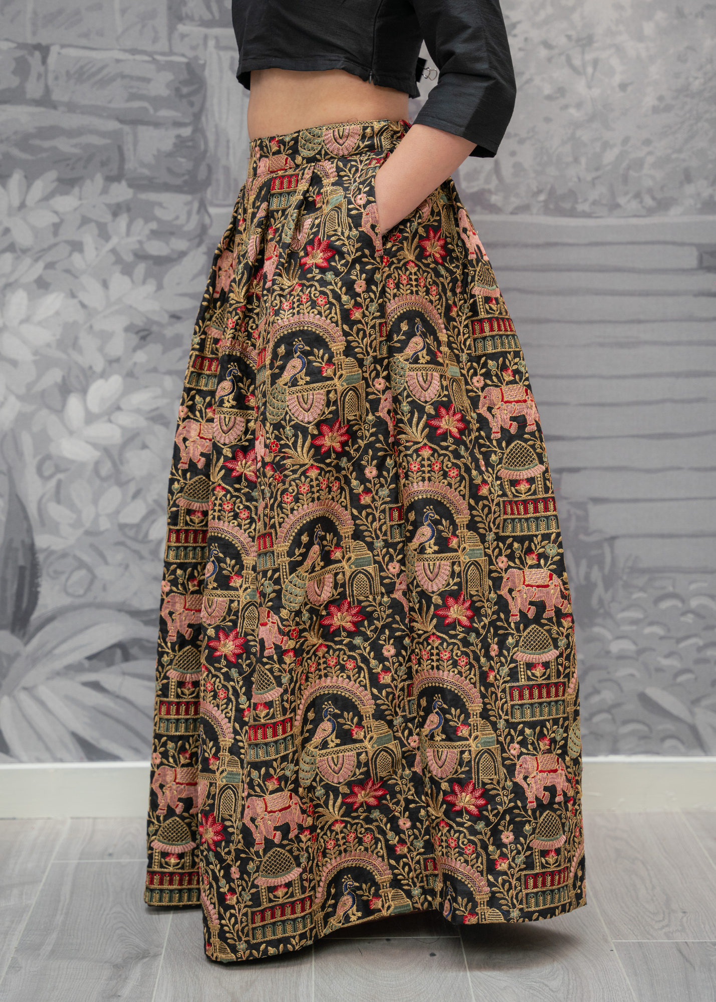 Luxury Elephant & Peacock Black thread embroidered Skirt