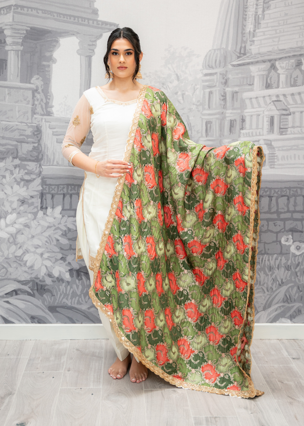 Tara Luxury Mehndi Green and Orange Brocade Dupatta/Chunni