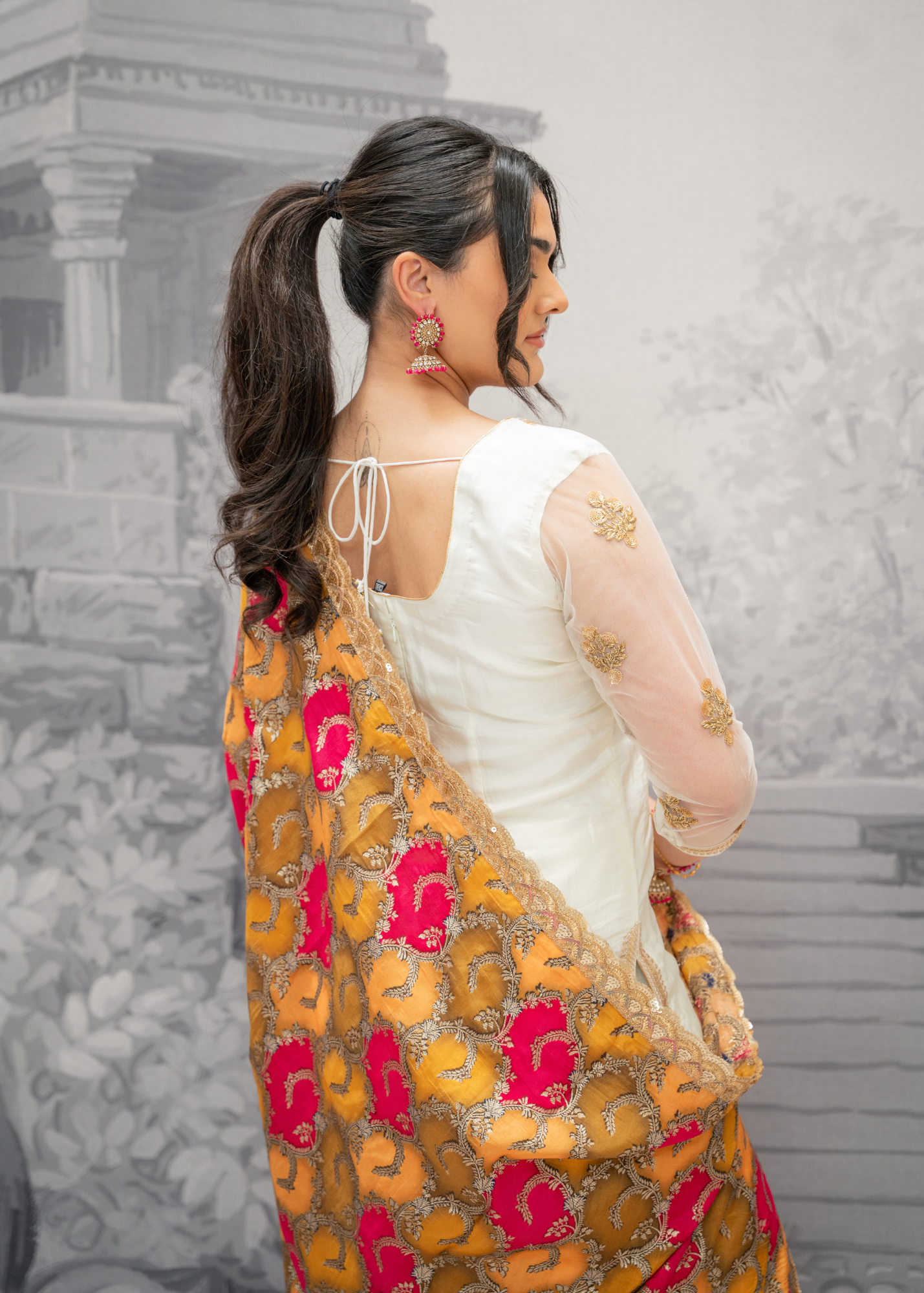 Long Sleeved Ivory Silk & Multicolour Salwar Suit (8-20)
